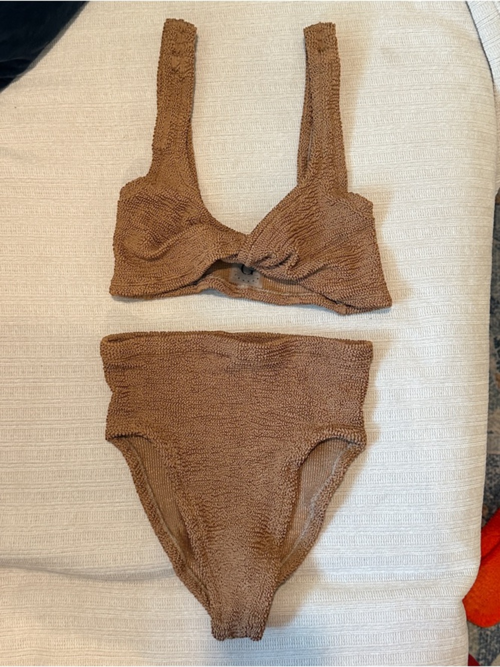 Hunza G Jamie Bikini Set Metallic Cocoa Twist Front Top, High-Waist Bottoms